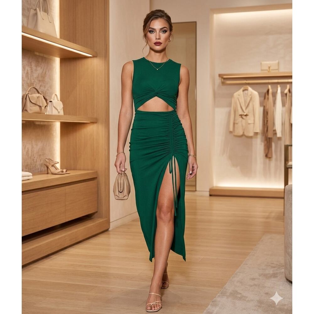 Sz Sm HALARA Green Round Neck Cut Out Ruched Drawstring Hem Bodycon Maxi Dress - Picture 6 of 8